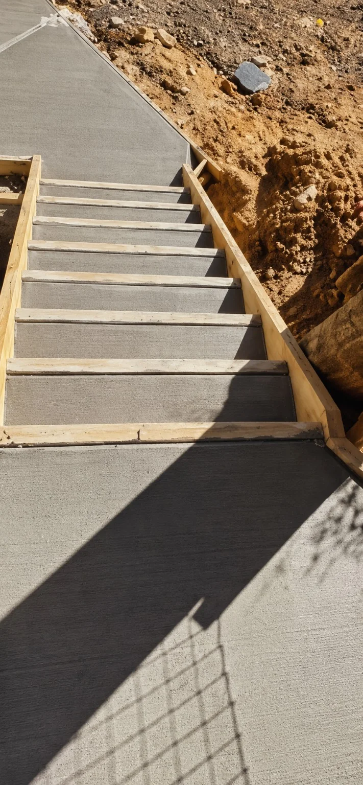 Concrete steps and landing formed into sloping ground